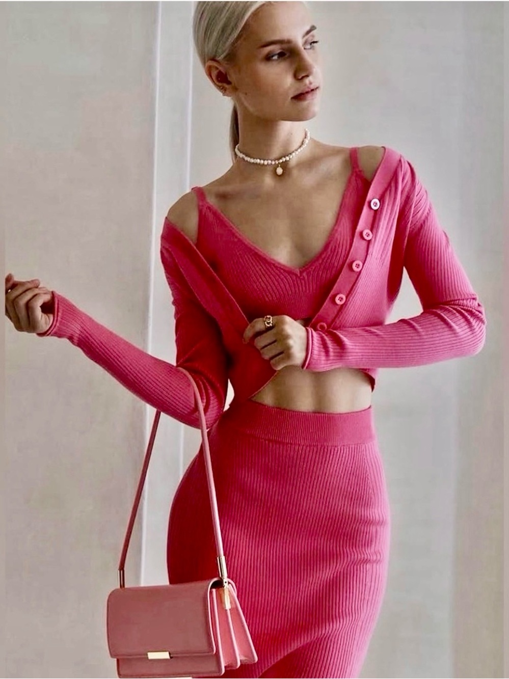 Women’s Ribbed Knit Dress Set M Pink Cropped Cardigan Pencil Skirt Career